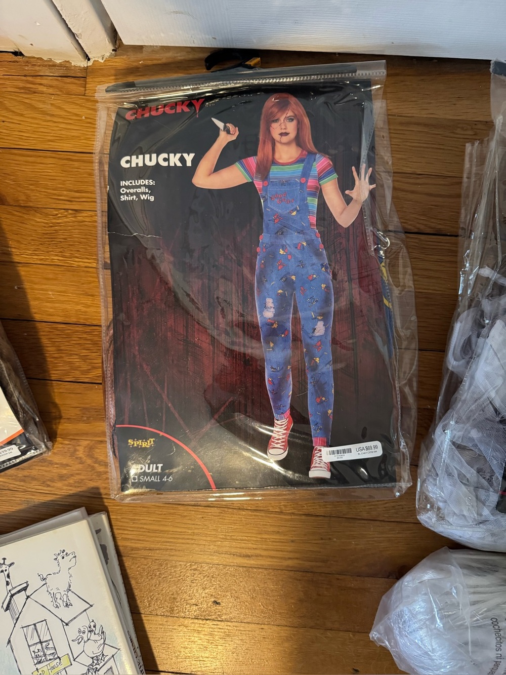 Chucky Women’s Overalls Halloween Costume with Rainbow Shirt - Blue